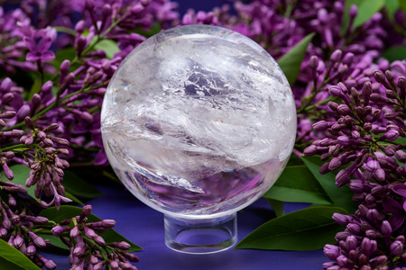Lemurian Clear Quartz Sphere crystal magical orb surrounded by purple lilac flowers.