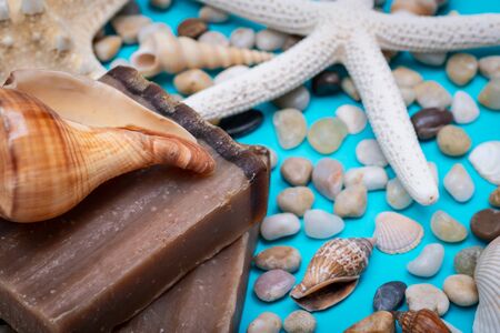 Handmade moisturizing Frankincense & Myrrh Goat's Milk Bar Soap decorated with small Pebbles, Sea...