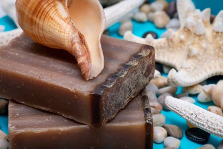 Handmade moisturizing Frankincense & Myrrh Goat's Milk Bar Soap decorated with small Pebbles, Sea...
