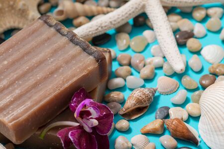 Handmade moisturizing Frankincense & Myrrh Goat's Milk Bar Soap decorated with Pebbles, Sea Stars,...