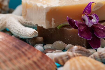Handmade moisturizing Almond and Frankincense & Myrrh Goat's Milk Soap Bars decorated with small Pebbles, Sea Stars and Sea Shells on blue background.の写真素材