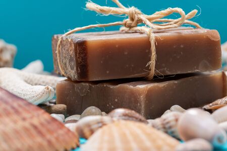 Handmade moisturizing Frankincense & Myrrh Goat's Milk Bar Soap decorated with small Pebbles, Sea...