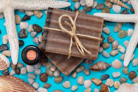 Handmade Frankincense & Myrrh Goat's Milk Bar Soap and Frankincense oil decorated with Pebbles, Sea...
