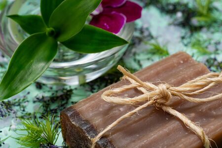 Handmade moisturizing Frankincense & Myrrh Goat's Milk Bar Soap decorated with  Bamboo, Orchid and flower sprinkles confetti on green background.の写真素材