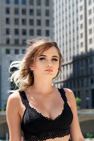 Beautiful Young Caucasian Girl with Barbell septum Nose Ring (Horseshoe Nose Ring) in Windy City at...