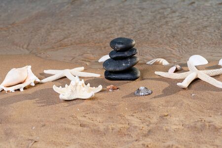 Spa composition - stacked Basalt Stones, Seashells and Sea Stars on the beach at sunrise in front of the ocean. Wellness, Balance and Relax concept.の写真素材