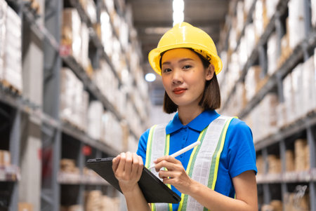 Beautiful asian engineer woman wearing safety helmet and reflective vest, She checking goods and supplies on shelves with tablet in ware house. Logistic and business export concept.の写真素材