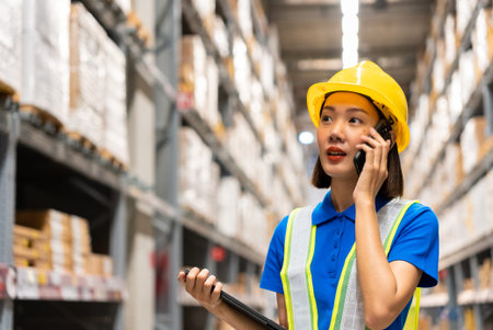 Beautiful asian engineer woman wearing safety helmet and reflective vest, She checking goods and supplies on shelves with tablet and talking to someone with cellphone in the warehouse.の写真素材