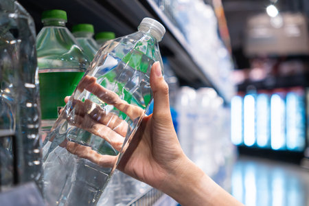Close up of a hand selecting a clear plastic water bottle from a supermarket shelf. Shopping Concept.の写真素材