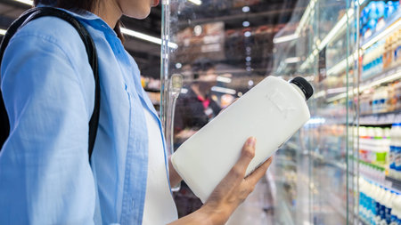 Close up of asian woman shopper selecting pasteurized fresh milk and dairy products at the supermarket shelf, Shopping concept.の写真素材