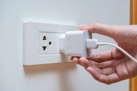 Close up of woman a hand connecting a white power adapter to a wall socket. Concept of charging...