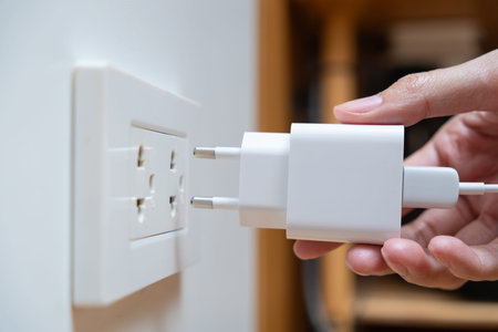 Asian woman hand plugging a white adapter into a wall socket. Concept of charging devices and using...