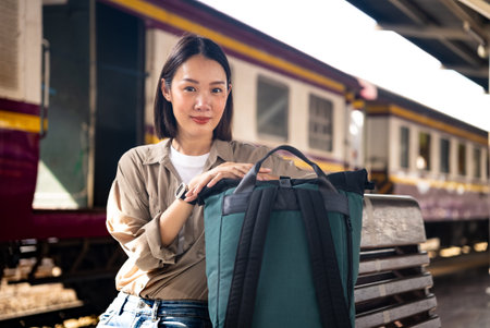 Beautiful asian backpacker woman wearing jacket waiting train on railway and watching the train...