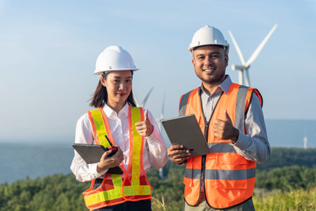 Smiley beautiful asian woman and handsome man engineers wearing safety helmet and reflective vest...