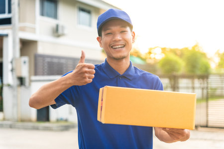 Portrait of delivery asian man wearing blue uniform holding cardboard boxes in front of customer house. He smiling and thumb up to camera feeling happy with his job.の写真素材