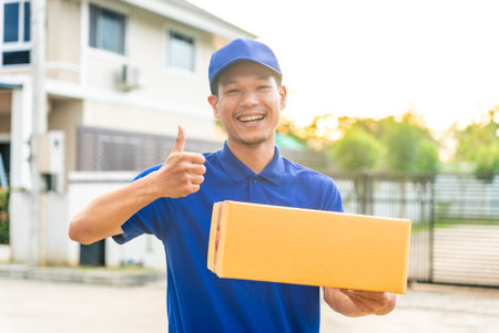 Portrait of handsome delivery asian man wearing blue uniform holding cardboard boxes in front of customer house. He smiling and thumb up to camera feeling happy with his job.の写真素材