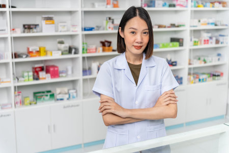 Happy asian female pharmacist wearing lab coat standing with arms crossed and looking at camera, She...