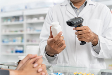 Close up hands of male pharmacist using barcode scanner for selling medicine to patient customer in...