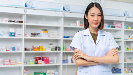 Happy beautiful asian female pharmacist wearing lab coat standing with arms crossed and looking at...