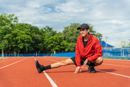 Young Asian man stretching his leg warm up before workout outdoor running track background. The man...