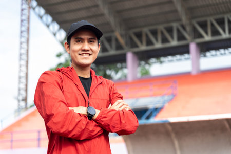 Portrait of a smiling young adult asian man wearing sportswear in running track. Happy handsome male...