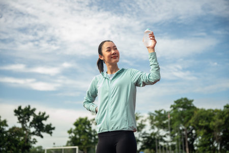 Beautiful asian woman holding drinking water bottle after running, She feeling fresh with sky...
