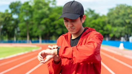 Young asian man checking heart rate, distance, calories or anything about his running workout using...