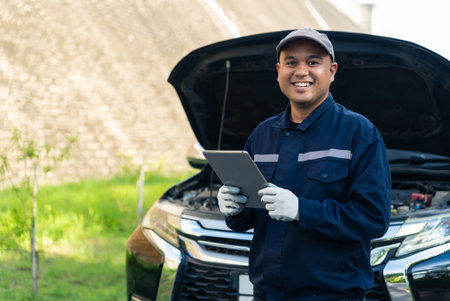 Happy asian automobile mechanic repairman wearing uniform and holding tablet, He smiling and...