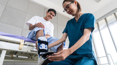 Young asian man patient receives physical therapy with a long ankle splint under the care of a...
