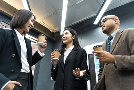 Happy diverse group Asian business team analyzing statistics financial. Group Team of business people meeting conference discussion various topic corporate concept in office.