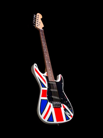 Electric guitar on black background , great britain flag paintの写真素材