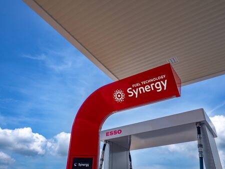 Thailand, Chonburi : In the gas station, ESSO brand ,Esso Synergy diesel service station signage, on...