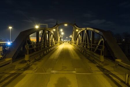 Nightshot Of Historical Steel Swivel Bridge At Krefeld Uerdingen Harbourの写真素材