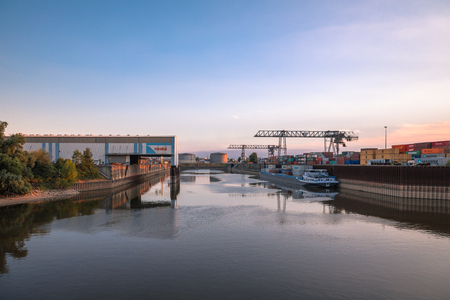 Duesseldorf - View To Container Port Of Duesseldorf Harbour, North Rhine Westphalia, Germany, Duesseldorf, 27.07.2018のeditorial素材