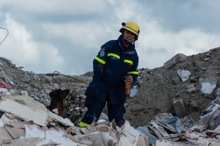 Ruins and forests as a training ground for future rescue dogs at the Federal Agency for Technical Reliefのeditorial素材