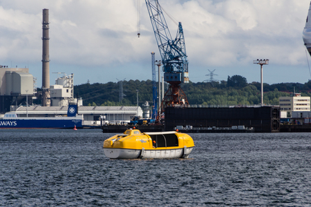 Kiel, Germany. 03rd Sep, 2014. Tests of the lifeboats and sea rescue exercises by Color Line Cruises on the Kiel Fjordのeditorial素材