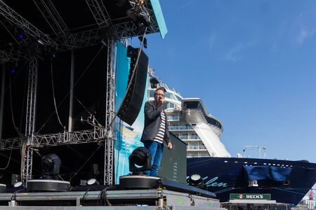 Kiel, Germany. 5th June, 2015. Jan Malte Andresen is announcing thru the christening of the TUI Ship "Mein Schiff 4"のeditorial素材