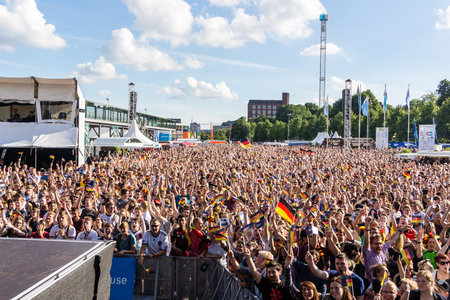 Kiel, Germany - June 21st  2016: Fans celebrate the Goal by Germany during Public Viewing during the Kieler Week 2016 Â© BjÃ¶rn Deutschmann/Alamy Live Newsのeditorial素材