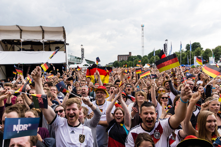 Kiel, Germany - June 26th 2016: Public Viewing of the Football Match Germany - Slovakia / Fans celebrate a Goal during the Kieler Week 2016のeditorial素材