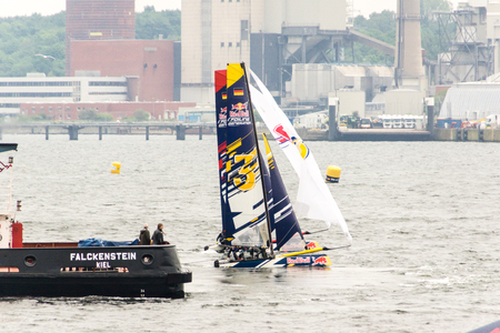 Kiel, Germany - May 29th 2016: Impressions from the finale races with sailing maneuvers and capsizing catamaransのeditorial素材