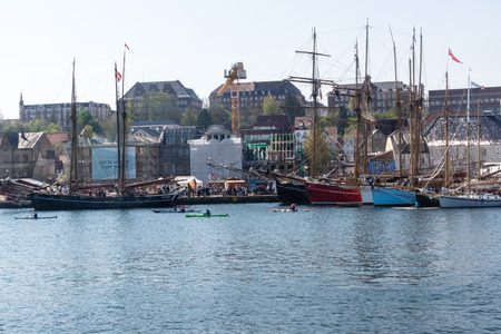 Flensburg, Germany - May 6th 2016:  Impressions of the second Day of the Flensburg Rum Regatte 2016 with  sailing boats, a regatte, craftsman and food stallsのeditorial素材