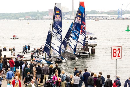 Kiel, Germany - May 29th 2016: Preparings for the start of the semi-final of the Red Bull Foiling Generationのeditorial素材