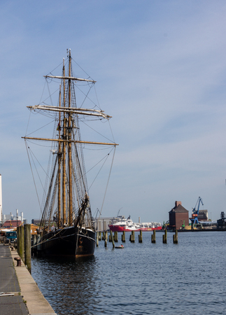 Flensburg, Germany - May 6th 2016:  Impressions of the second Day of the Flensburg Rum Regatte 2016 with  sailing boats, a regatte, craftsman and food stallsのeditorial素材