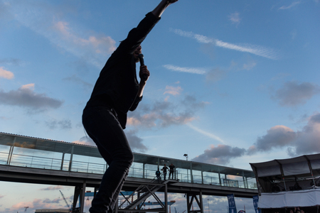 KIEL, GERMANY - June 16 2017: The singersongwriter Max Giesinger is performing on the NDR BÃ¼hne at the Soundcheck Friday during the Kieler Woche 2017のeditorial素材