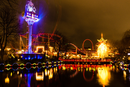 The enlightened Tivoli Garden, Copenhagen, Denmark, during Nighttime and Christmas Timeのeditorial素材
