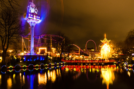 The enlightened Tivoli Garden, Copenhagen, Denmark, during Nighttime and Christmas Timeの写真素材