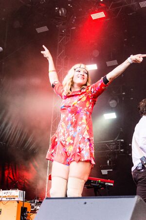 Kiel, Germany - June 25th 2019: Electropop music group MIA from Berlin is performing on the Rathaus...