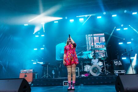 Kiel, Germany - June 25th 2019: Electropop music group MIA from Berlin is performing on the Rathaus...