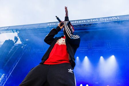 Kiel, Germany - June 26th 2019: The Hip-hop-Band Antilopen Gang is performing on the Rathaus Stage...