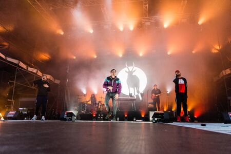 Kiel, Germany - June 26th 2019: The Hip-hop-Band Antilopen Gang is performing on the Rathaus Stage...